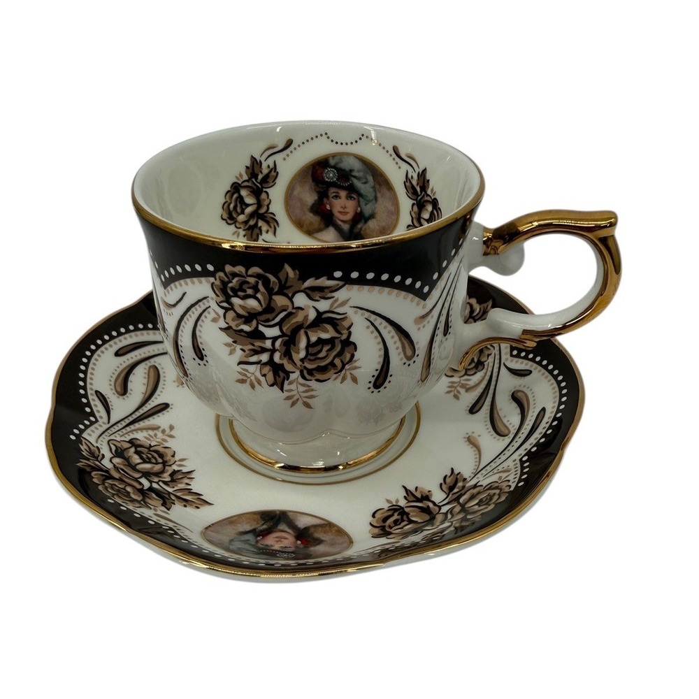Avon Honor Society 1999 Teacup Saucer Black Gold Floral‎ Victorian Lady Set